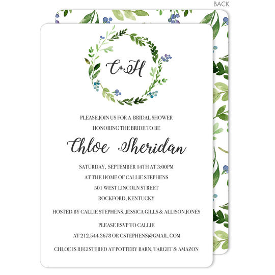 Green Wreath Initial Invitations